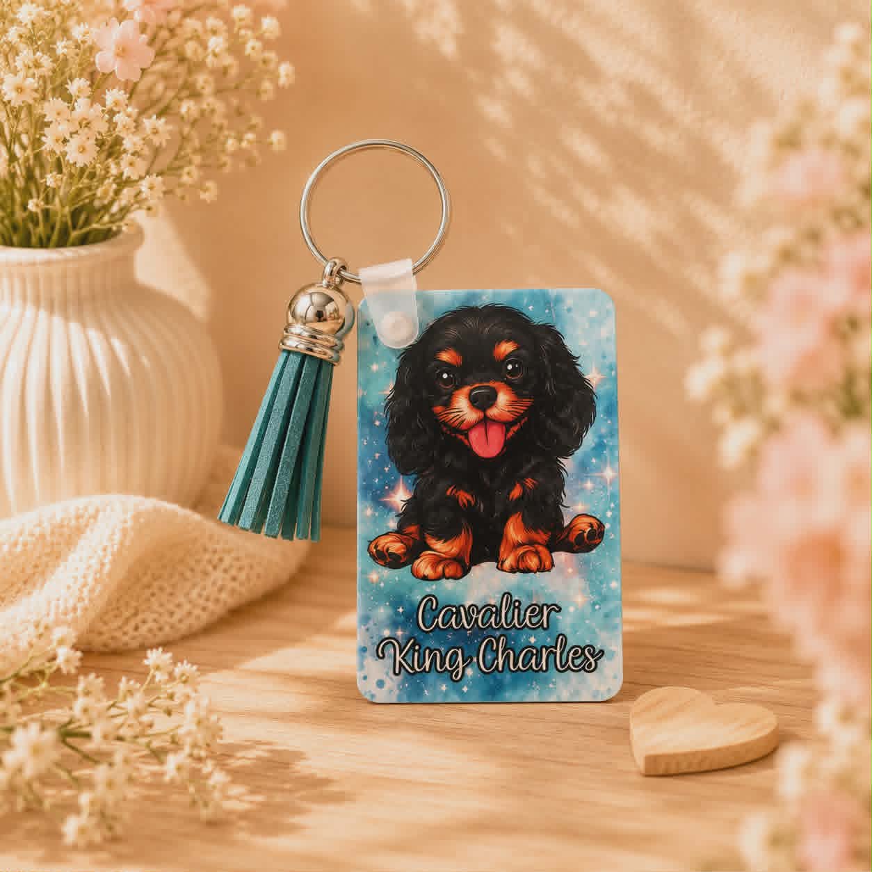 Porte clés "Cavalier King Charles Noir et Feu"