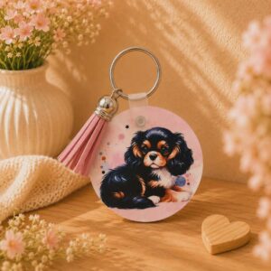 Porte clés "Cavalier King Charles Rond Noir et Feu"